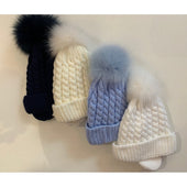 Boutique Baby Cream Large Cable Stitch Pattern Hat with Fur Pom